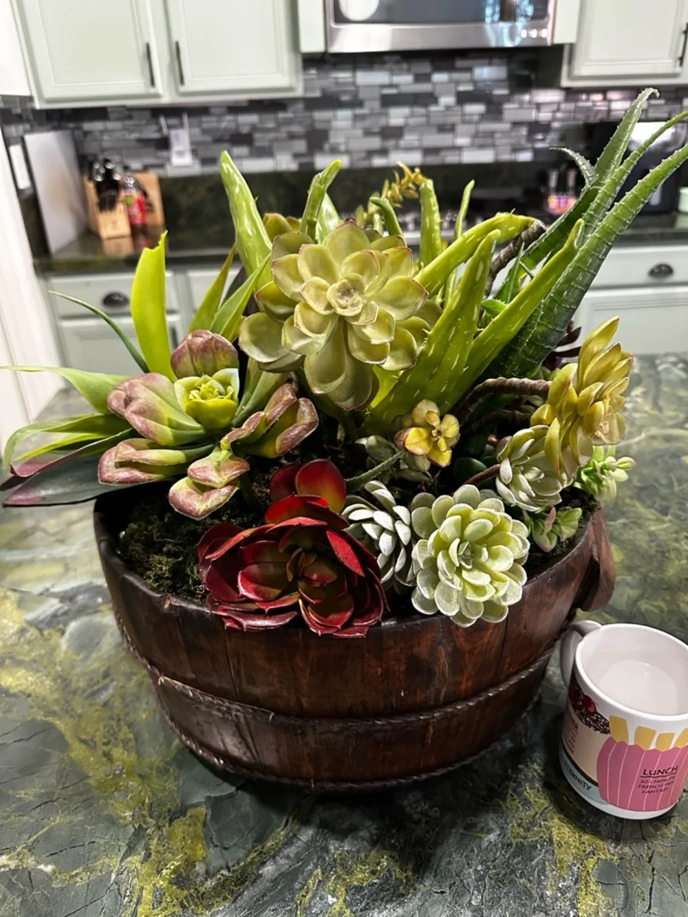 Succulent Barrel Arrangement -Green & Red Large rustic wood barrel planter 15x16